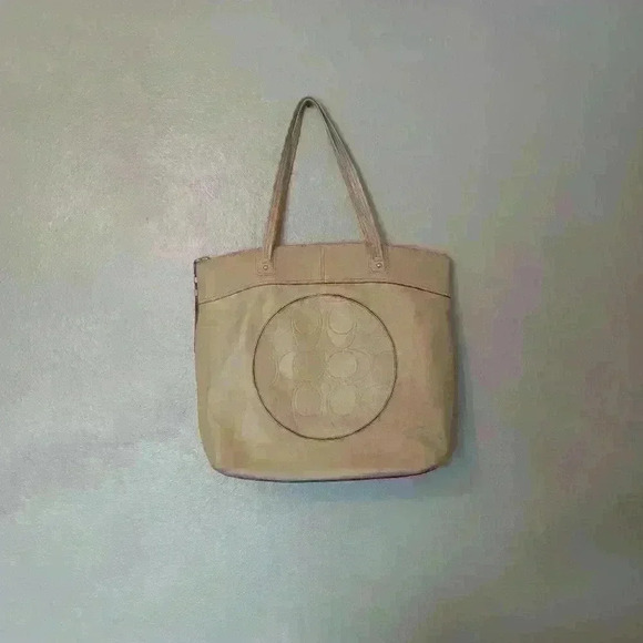 Coach Laura Signature Taupe Large Leather Tote Shoulder Bag - Picture 1 of 16